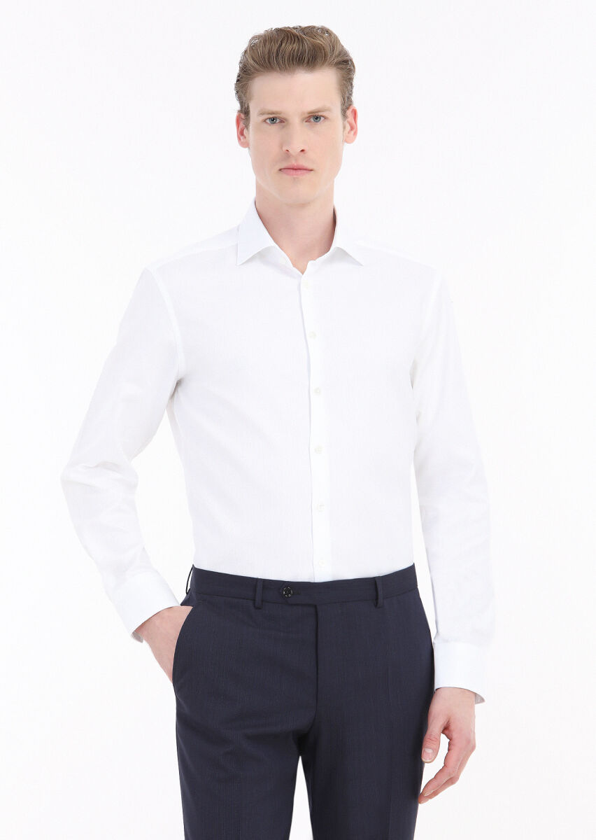 White Plain Regular Fit Weaving Classical 100% Cotton Shirt - 2