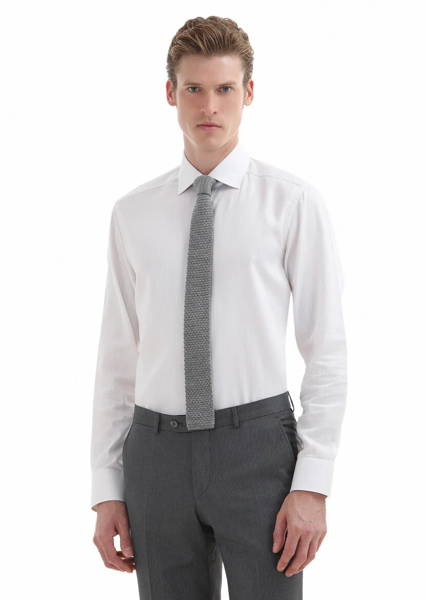 White Plain Regular Fit Weaving Classical 100% Cotton Shirt - 2