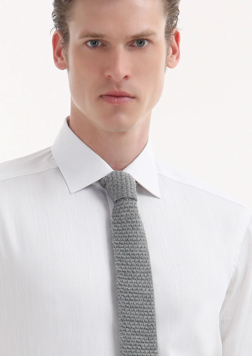 White Plain Regular Fit Weaving Classical 100% Cotton Shirt - 3