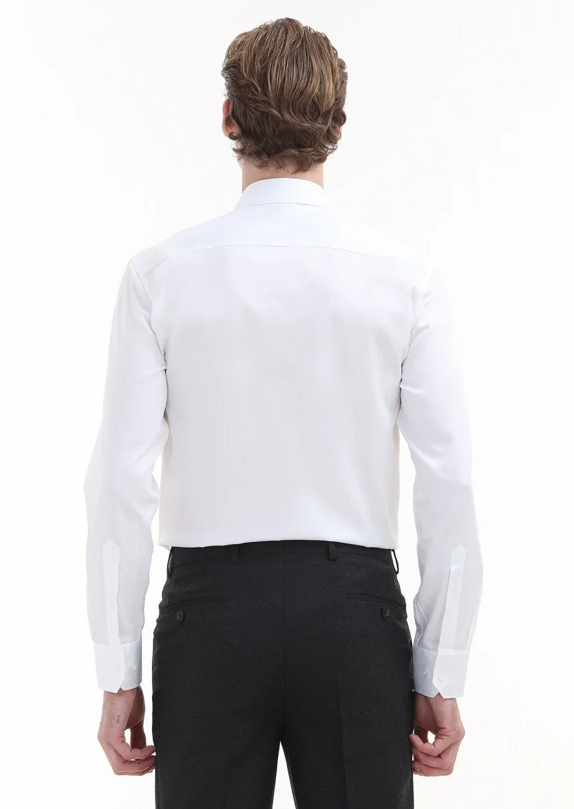 White Plain Regular Fit Weaving Classical 100% Cotton Shirt - 5