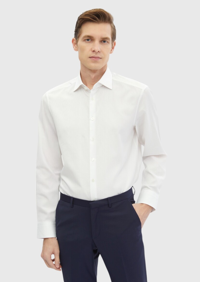 White Plain Regular Fit Weaving Classical 100% Cotton Shirt - 1