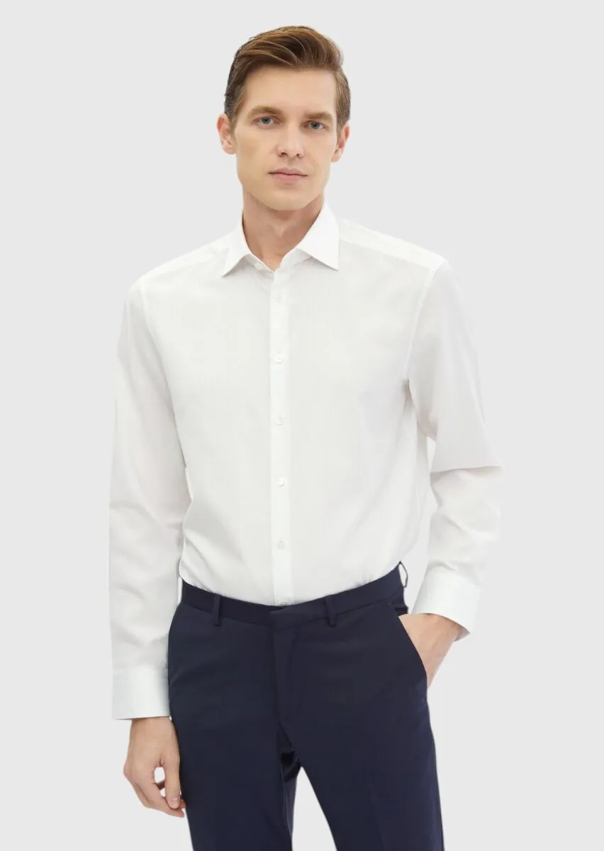 White Plain Regular Fit Weaving Classical 100% Cotton Shirt - 1