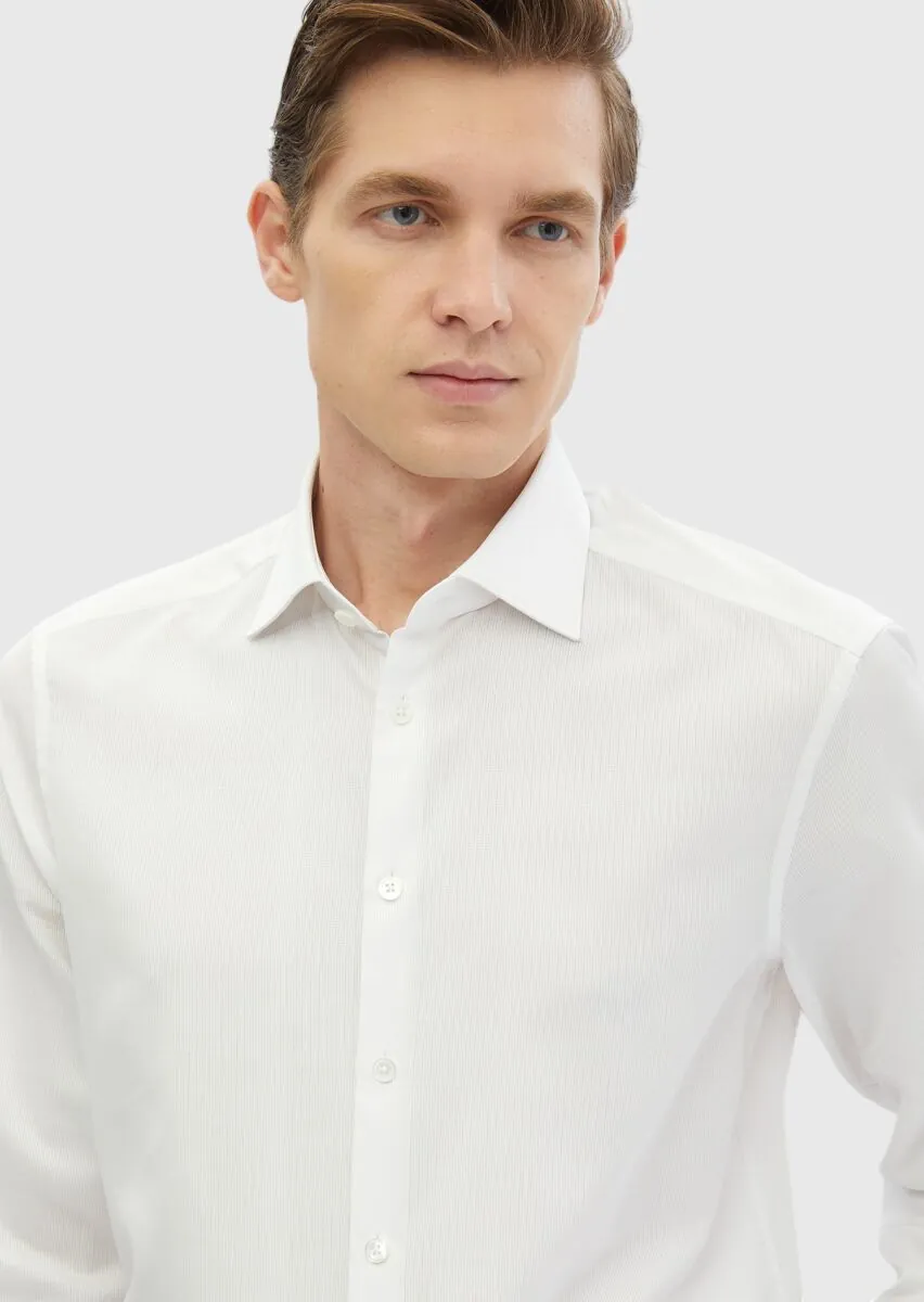 White Plain Regular Fit Weaving Classical 100% Cotton Shirt - 3
