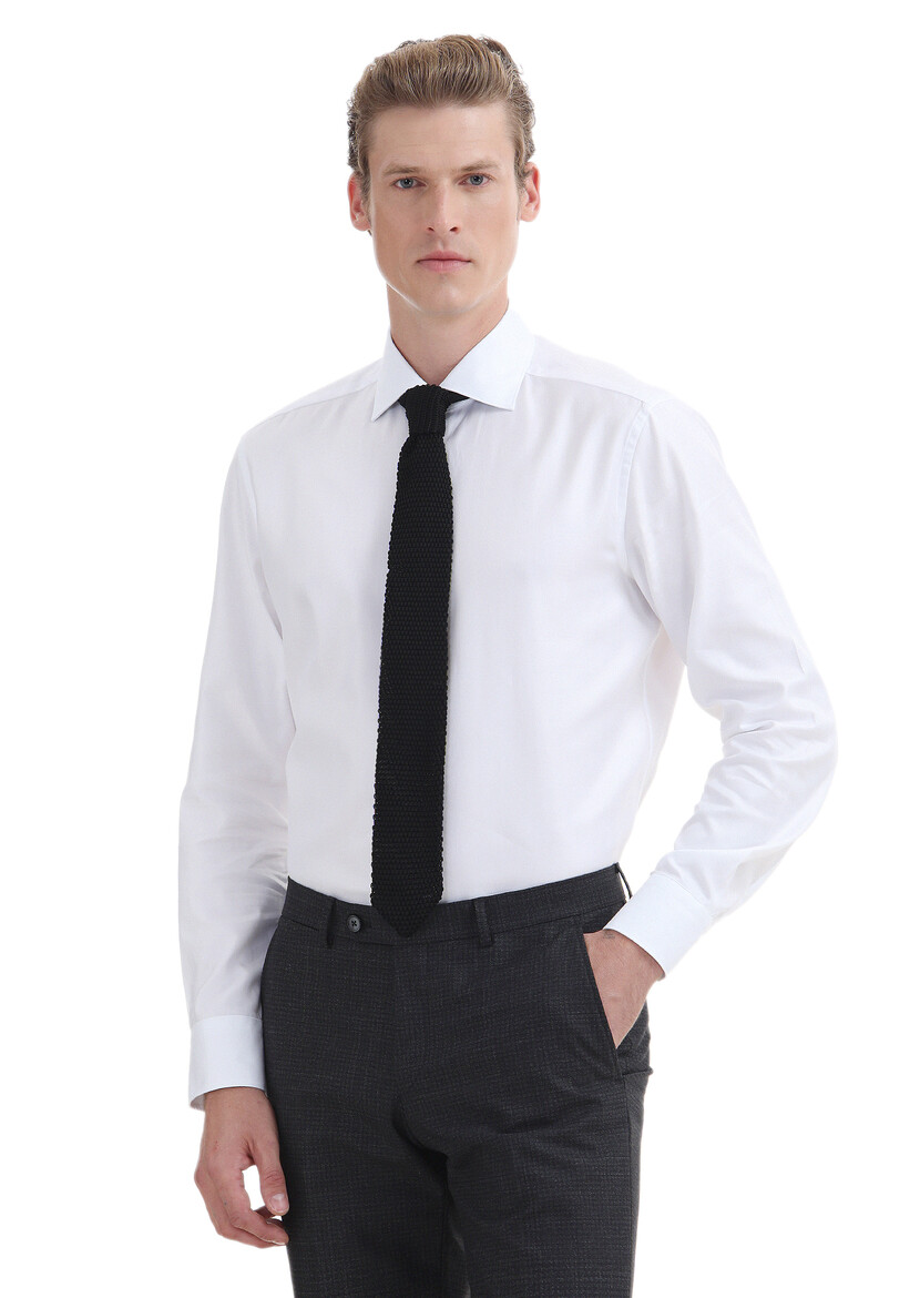 White Plain Regular Fit Weaving Classical 100% Cotton Shirt - 1