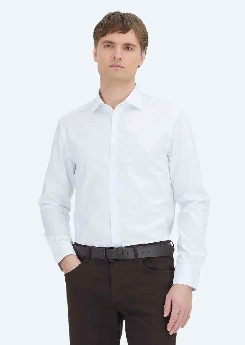 White Plain Regular Fit Weaving Classical 100% Cotton Shirt - RAMSEY
