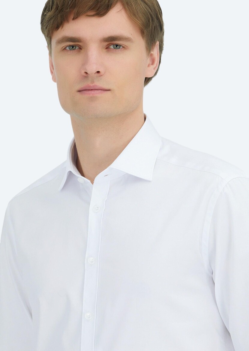 White Plain Regular Fit Weaving Classical 100% Cotton Shirt - 4