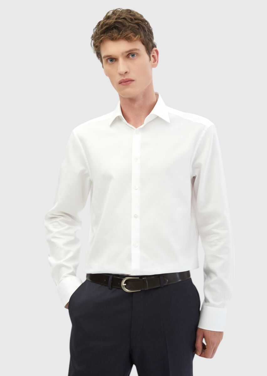 White Plain Regular Fit Weaving Classical 100% Cotton Shirt - 1