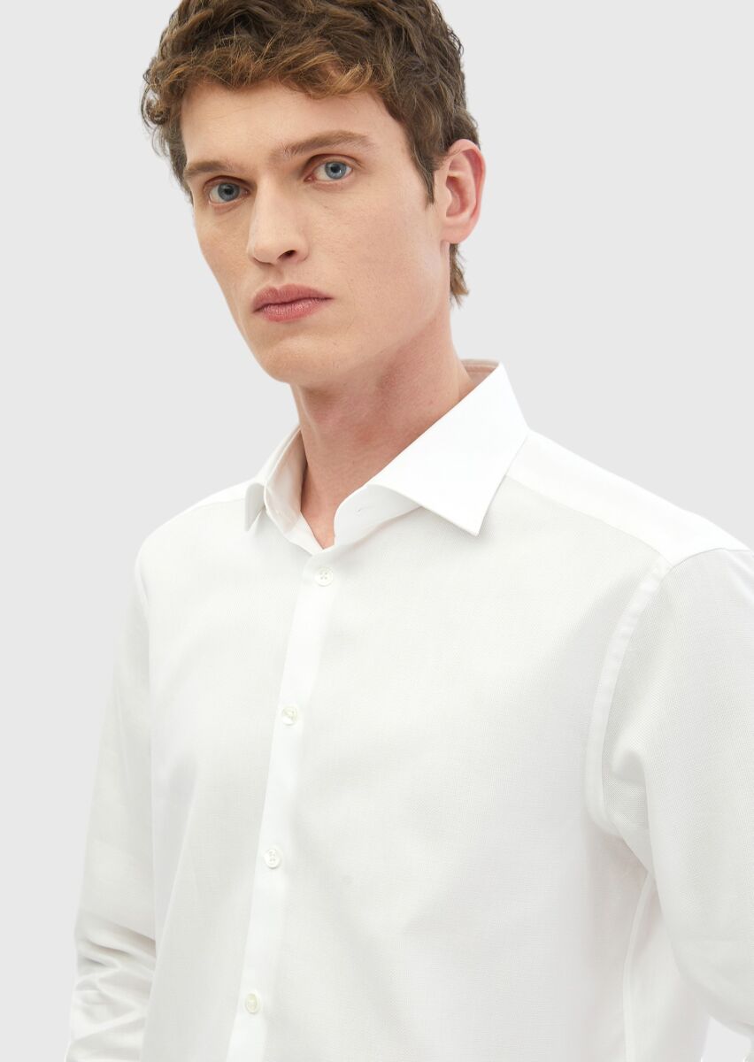 White Plain Regular Fit Weaving Classical 100% Cotton Shirt - 3