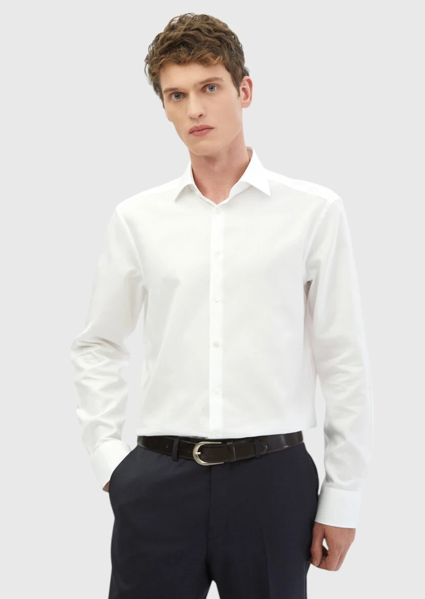 White Plain Regular Fit Weaving Classical 100% Cotton Shirt - RAMSEY