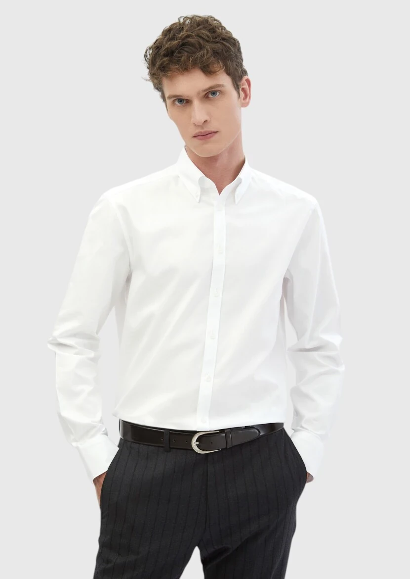 White Plain Regular Fit Weaving Classical 100% Cotton Shirt - RAMSEY