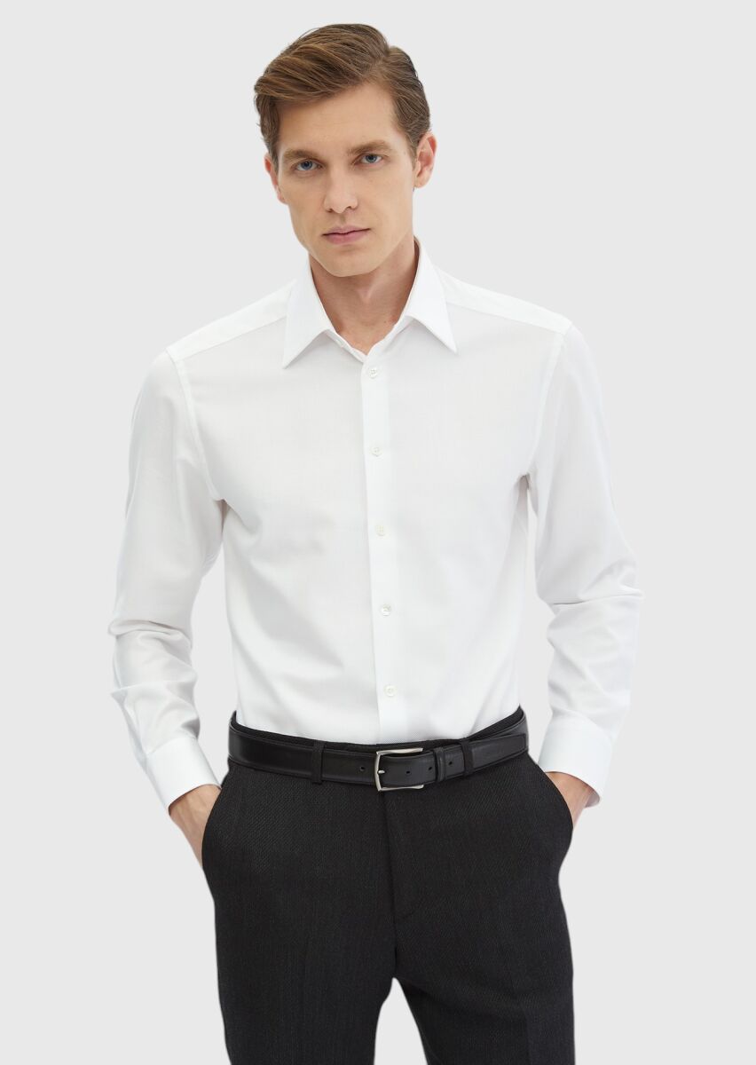 White Plain Regular Fit Weaving Classical 100% Cotton Shirt - 1