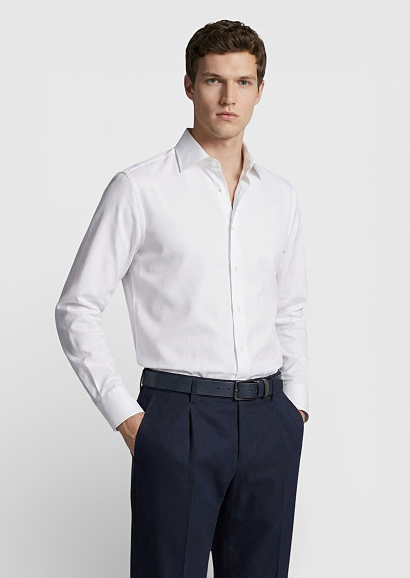 White Plain Regular Fit Weaving Classical 100% Cotton Shirt - RAMSEY