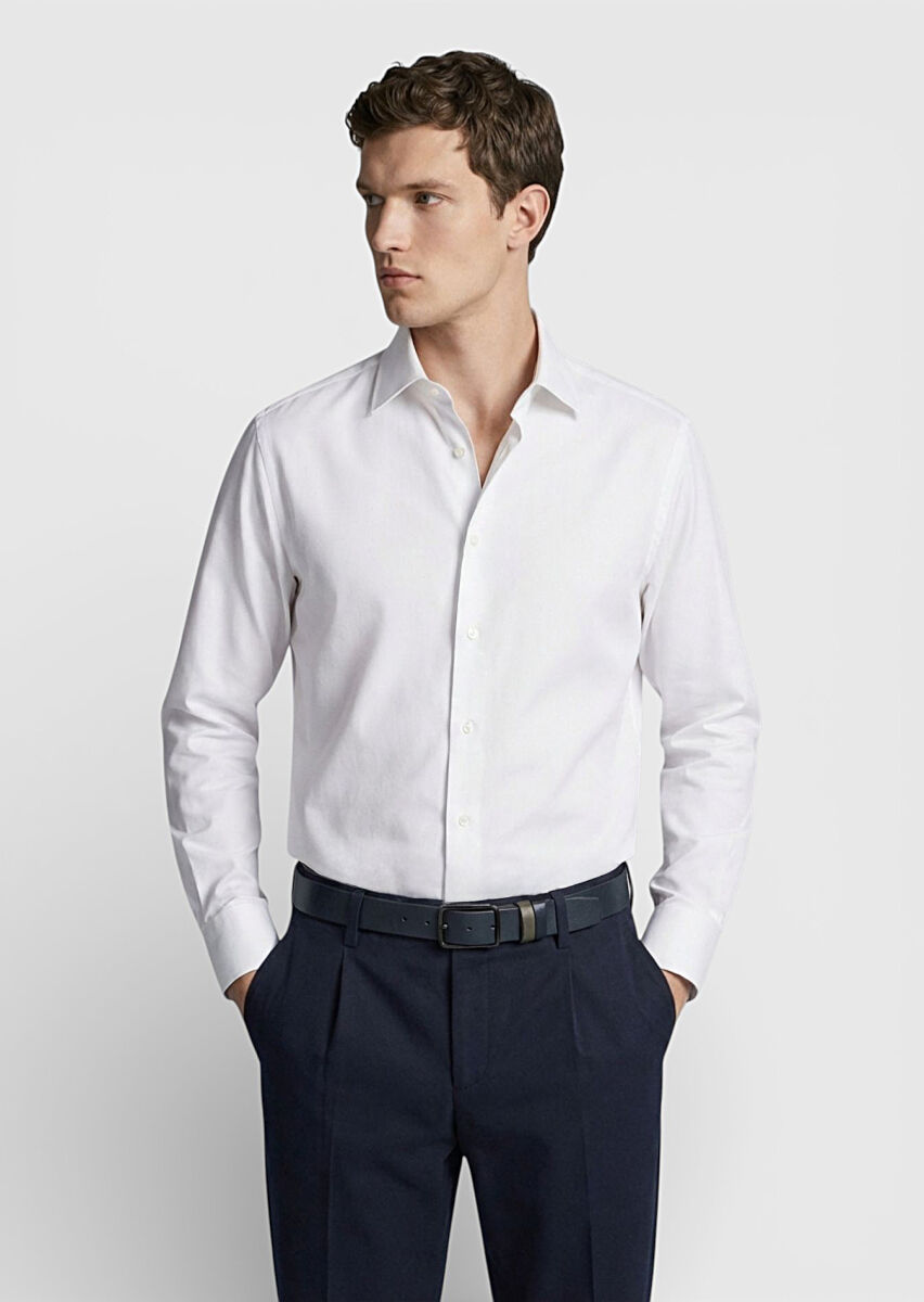 White Plain Regular Fit Weaving Classical 100% Cotton Shirt - 3
