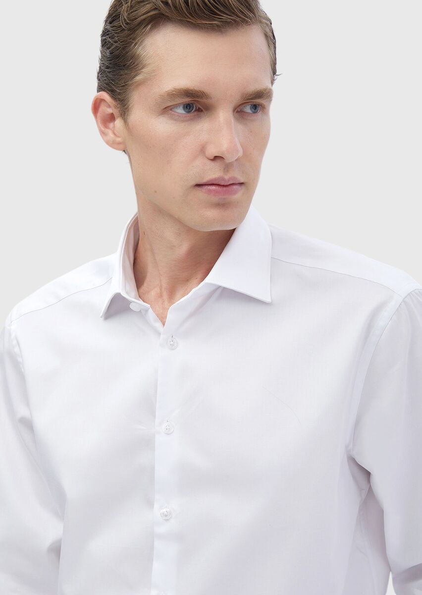 White Plain Regular Fit Weaving Classical 100% Cotton Shirt - 3