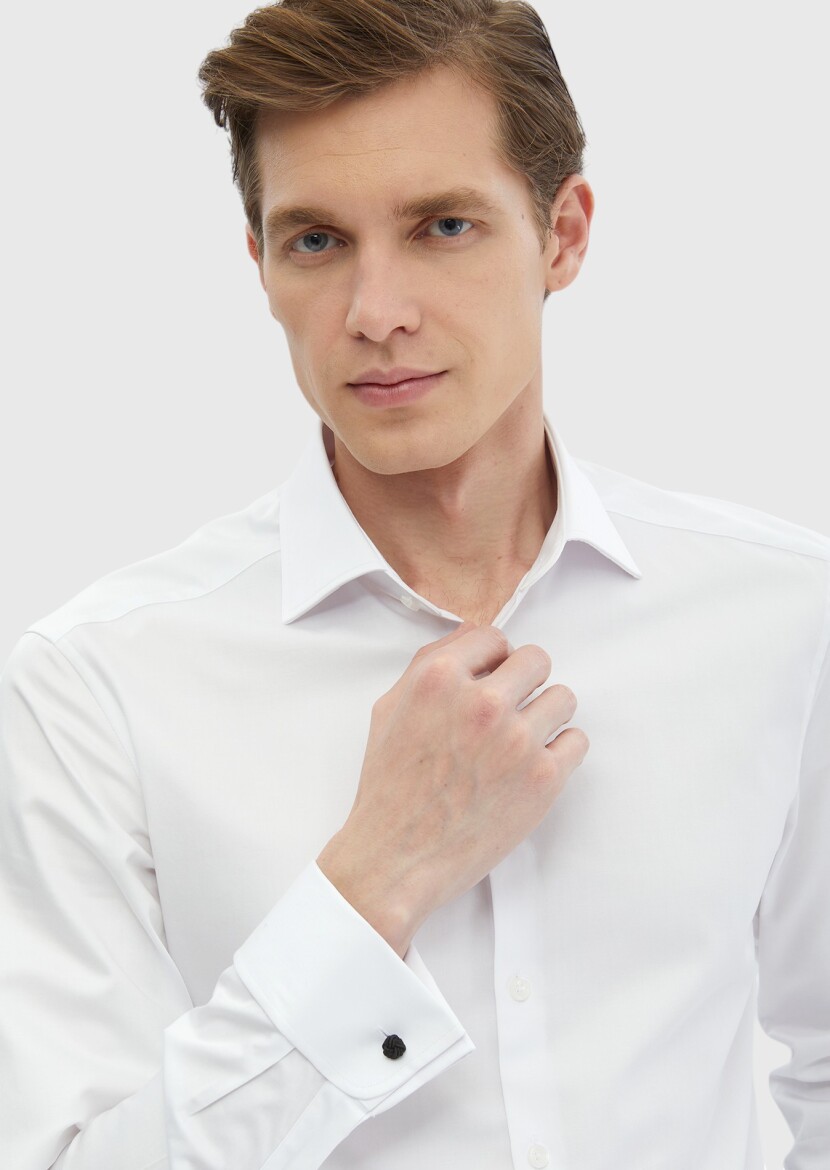 White Plain Regular Fit Weaving Classical 100% Cotton Shirt - 5