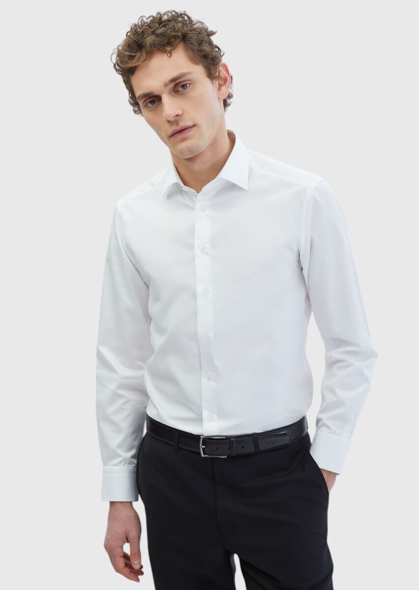 White Plain Regular Fit Weaving Classical 100% Cotton Shirt - 1