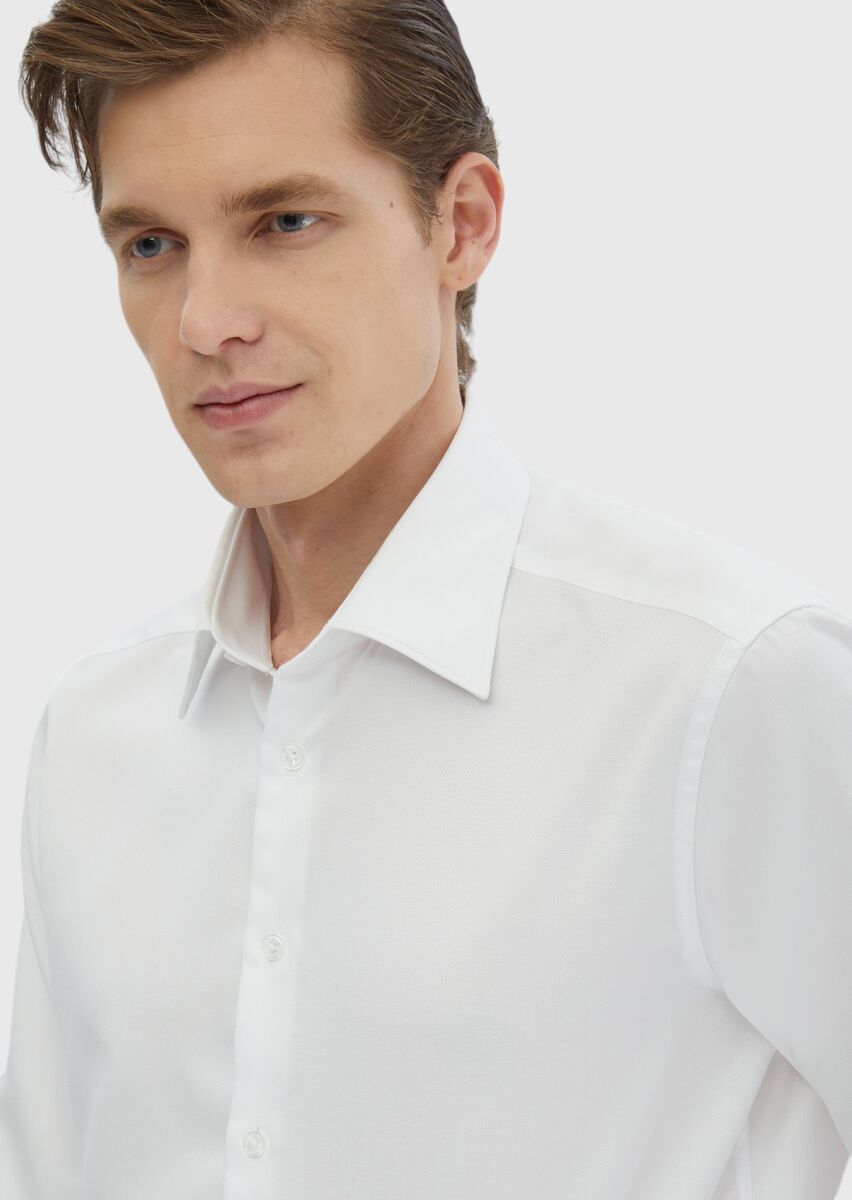 White Plain Regular Fit Weaving Classical 100% Cotton Shirt - 4