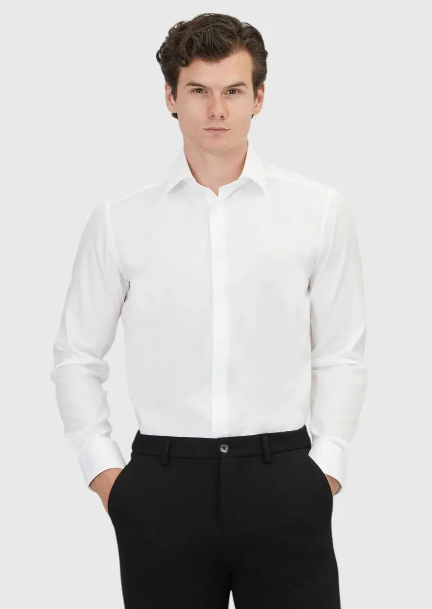 White Plain Regular Fit Weaving Classical 100% Cotton Shirt - 1