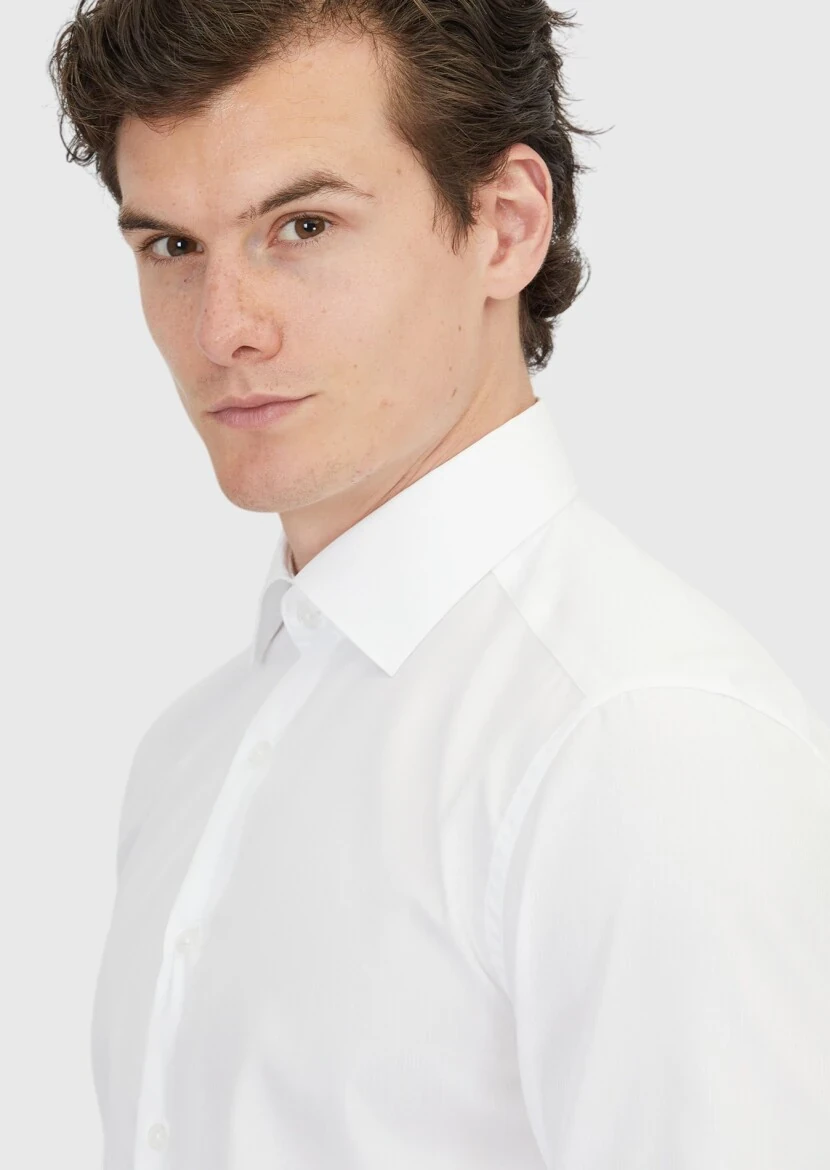 White Plain Regular Fit Weaving Classical 100% Cotton Shirt - 3