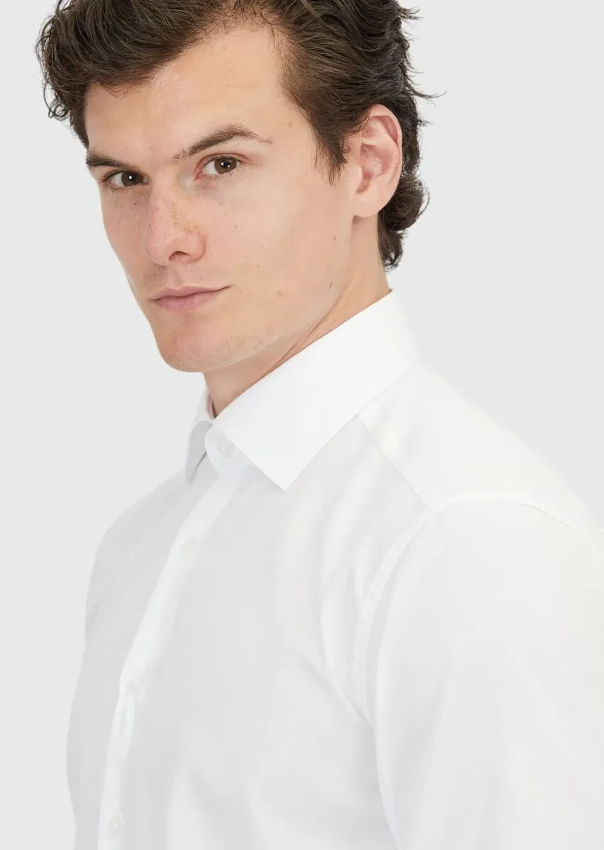 White Plain Regular Fit Weaving Classical 100% Cotton Shirt - 3