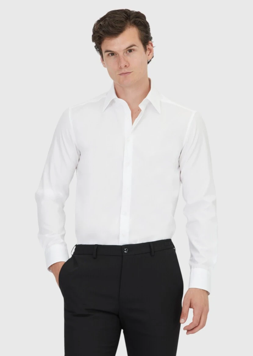 White Plain Regular Fit Weaving Classical 100% Cotton Shirt - 1