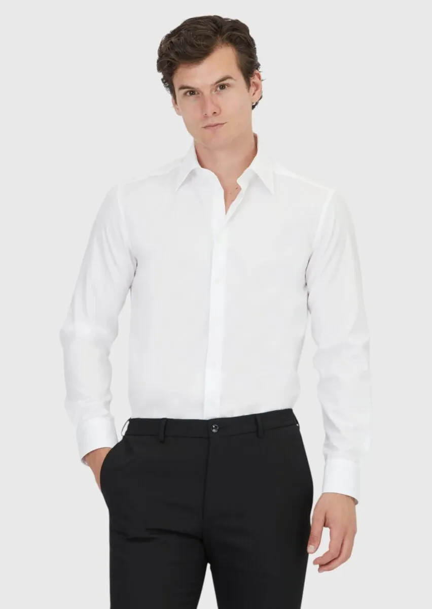 White Plain Regular Fit Weaving Classical 100% Cotton Shirt - 1