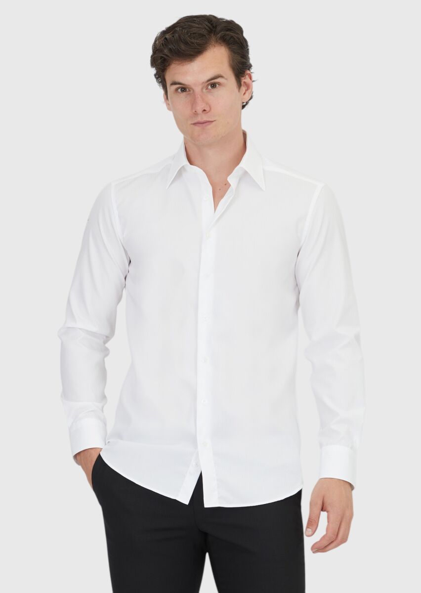 White Plain Regular Fit Weaving Classical 100% Cotton Shirt - 3