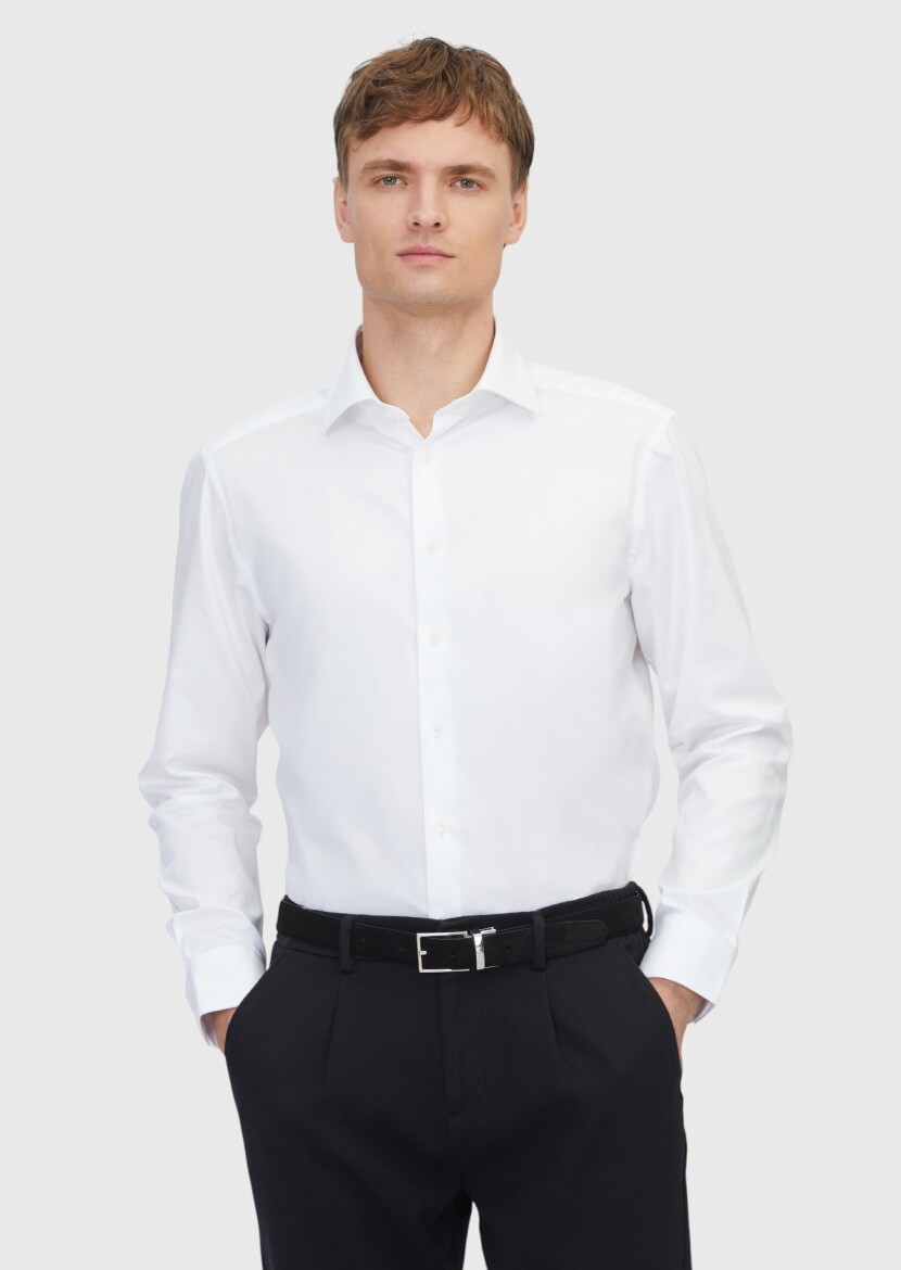 White Plain Regular Fit Weaving Classical 100% Cotton Shirt 