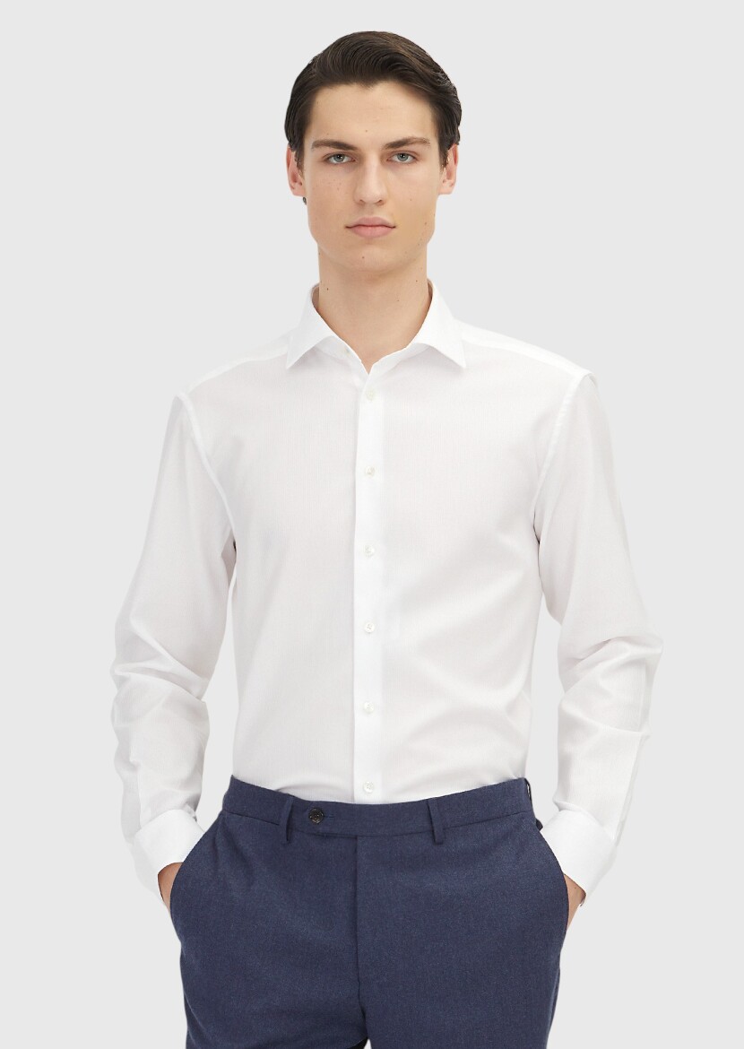 White Plain Regular Fit Weaving Classical 100% Cotton Shirt - RAMSEY