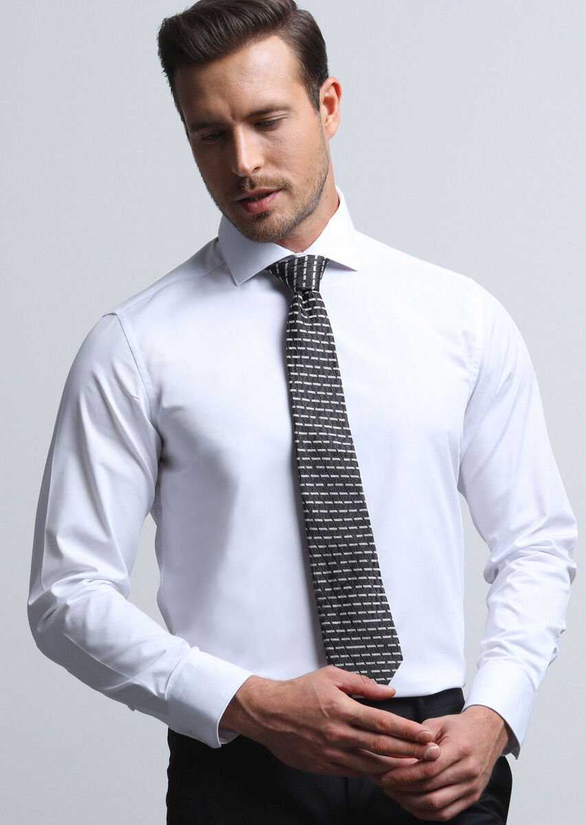 White Plain Regular Fit Weaving Classical Cotton Blended Shirt - 2