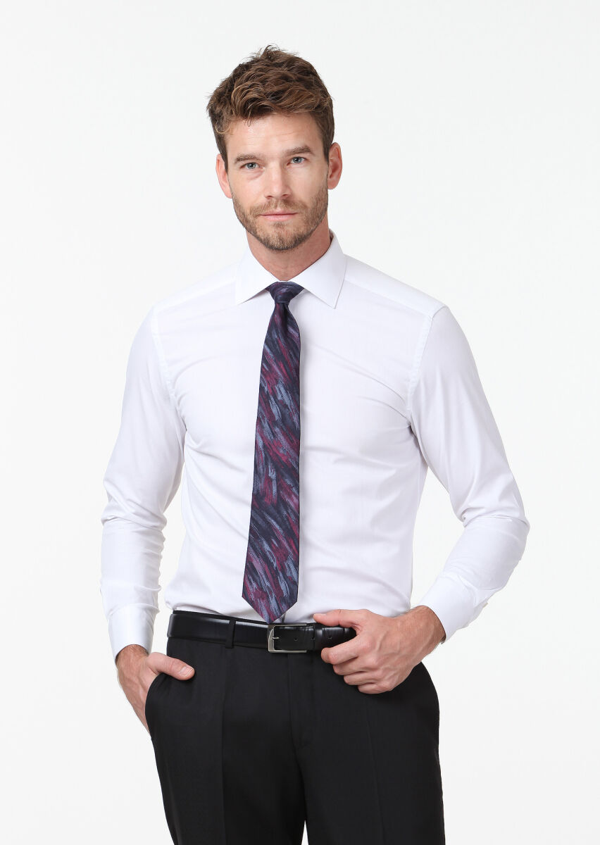 White Plain Regular Fit Weaving Classical Cotton Blended Shirt - 1