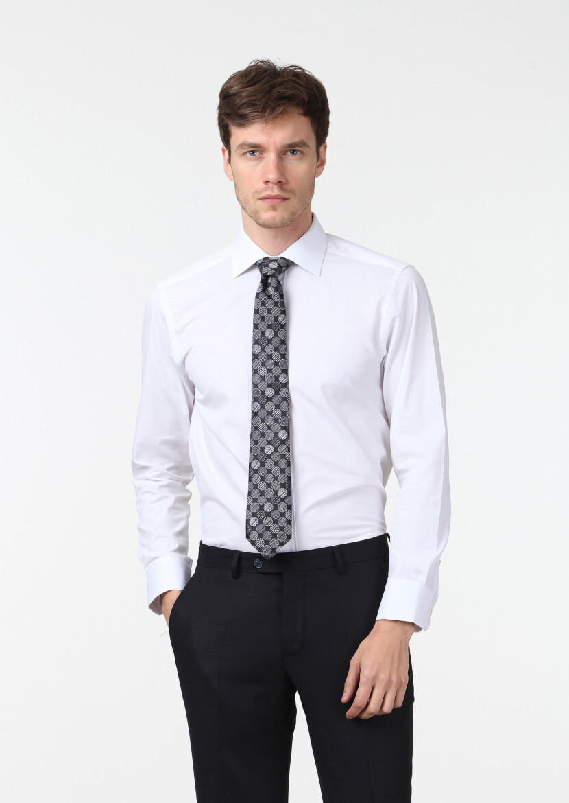 White Plain Regular Fit Weaving Classical Cotton Blended Shirt - RAMSEY