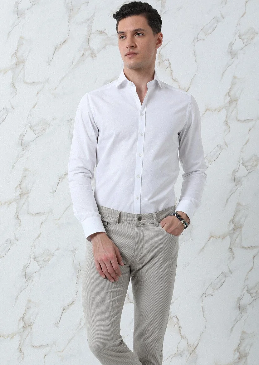 White Plain Regular Fit Weaving Classical Cotton Blended Shirt - 3