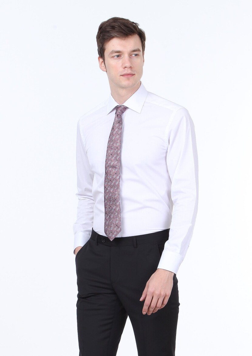 White Plain Regular Fit Weaving Classical Cotton Blended Shirt - RAMSEY