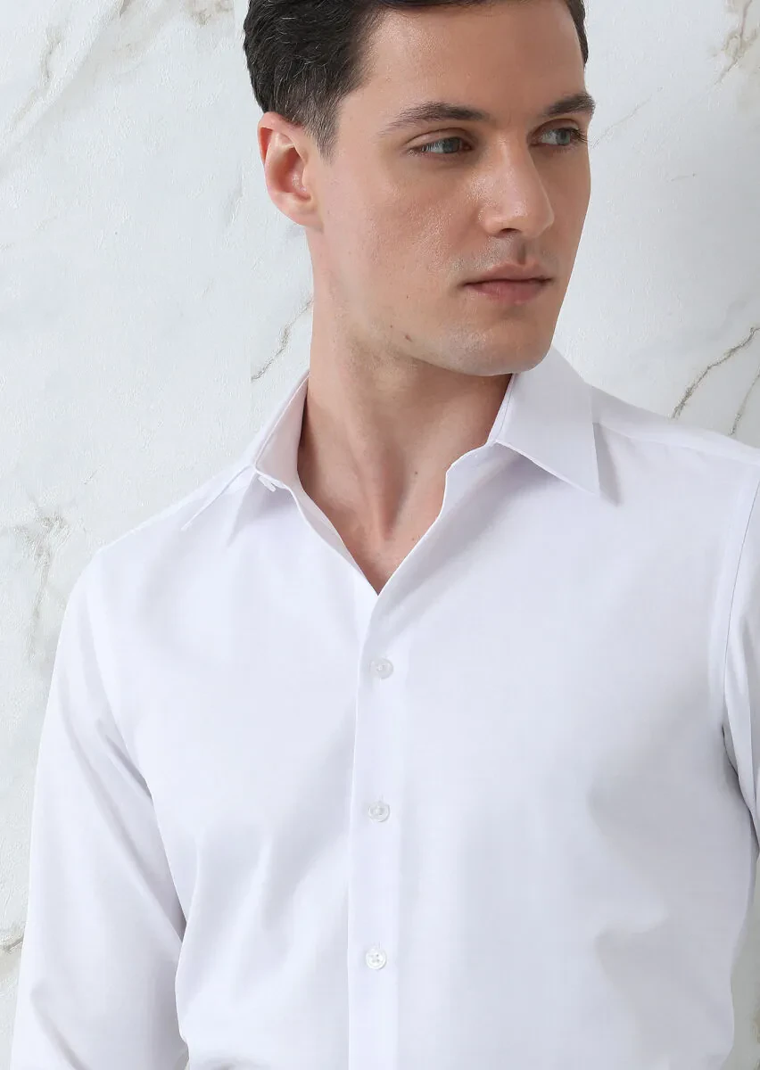 White Plain Regular Fit Weaving Classical Cotton Blended Shirt - 1