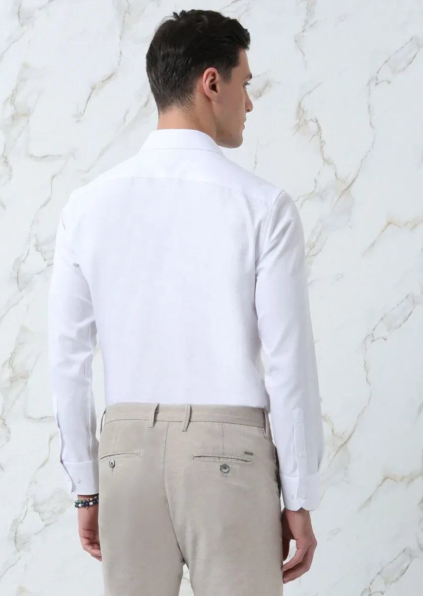 White Plain Regular Fit Weaving Classical Cotton Blended Shirt - 5