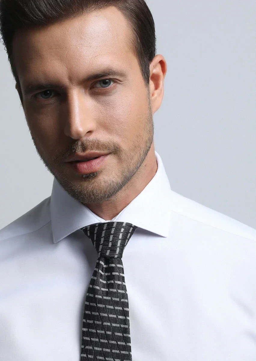 White Plain Regular Fit Weaving Classical Cotton Blended Shirt - 1