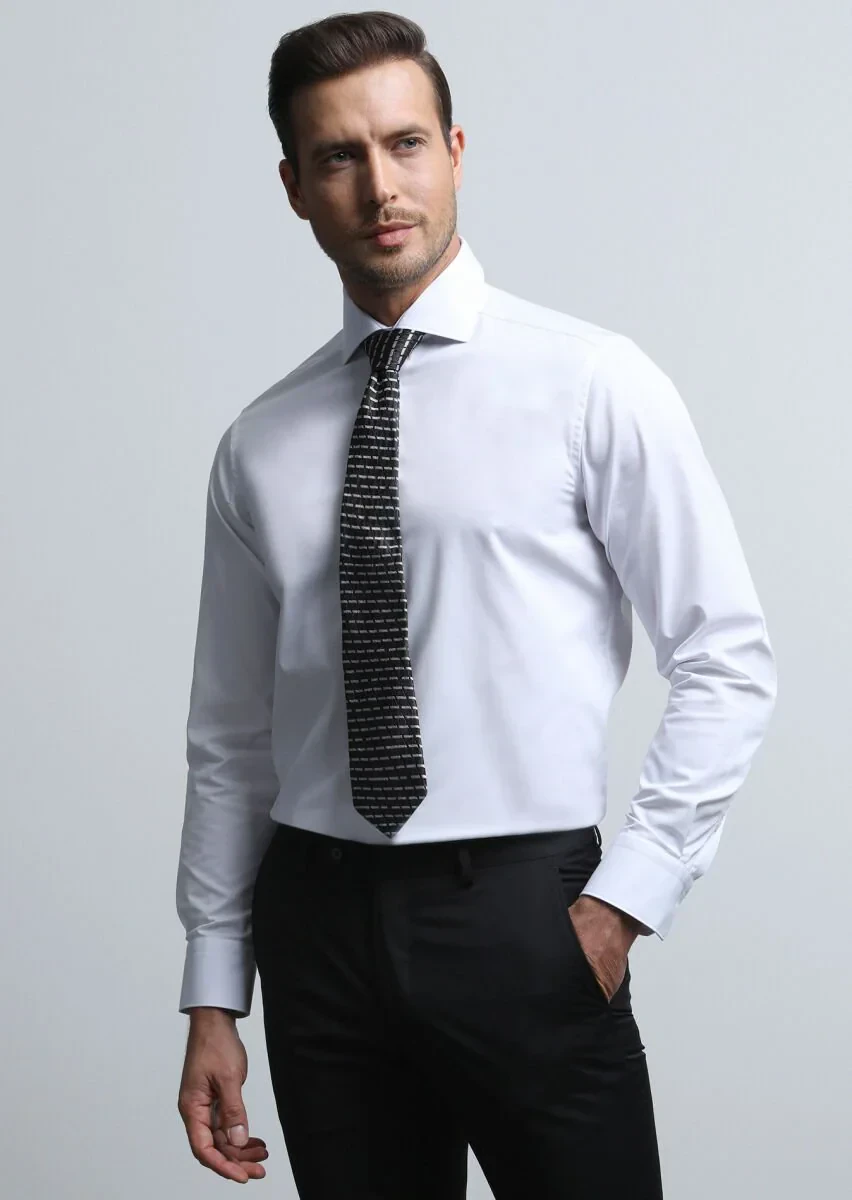 White Plain Regular Fit Weaving Classical Cotton Blended Shirt - 3