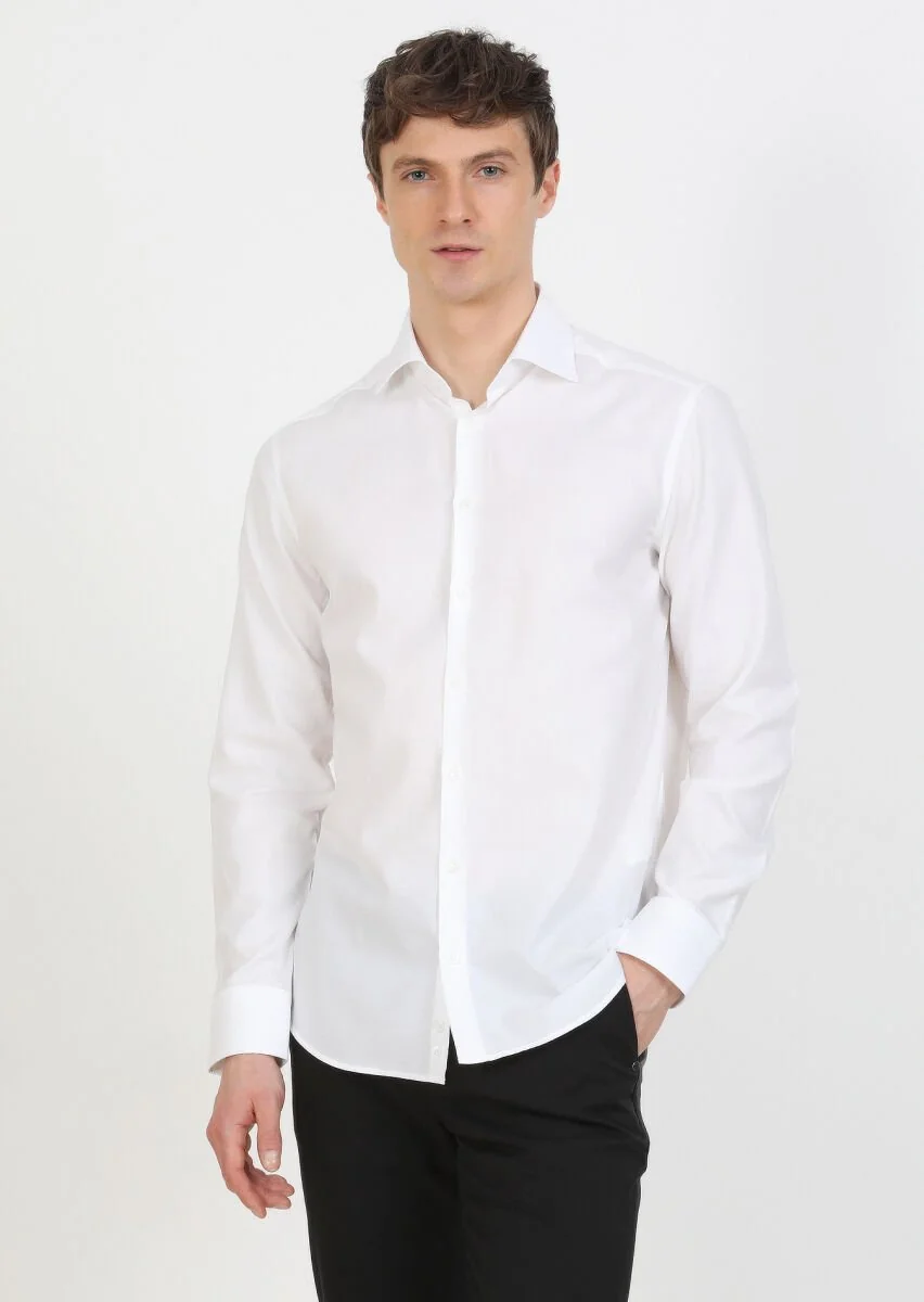 White Plain Regular Fit Weaving Classical Cotton Blended Shirt - 3