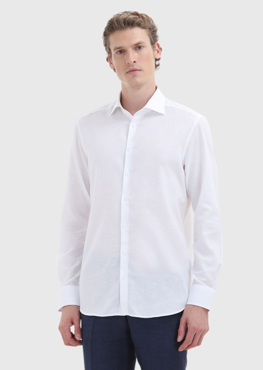 White Plain Regular Fit Weaving Classical Cotton Blended Shirt - 2