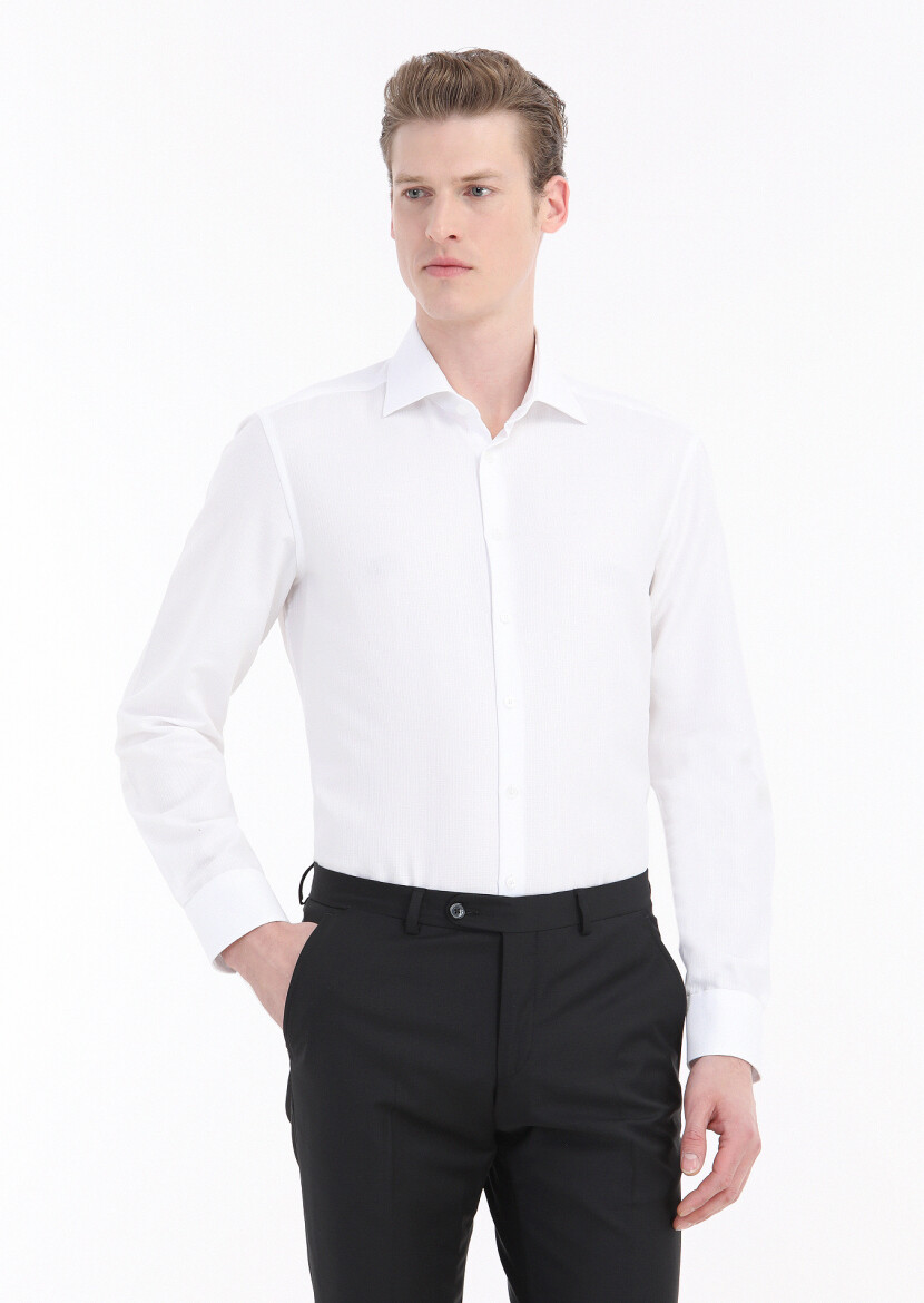 White Plain Regular Fit Weaving Classical Cotton Blended Shirt - 2