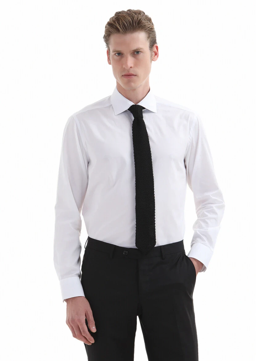 White Plain Regular Fit Weaving Classical Cotton Blended Shirt - 2
