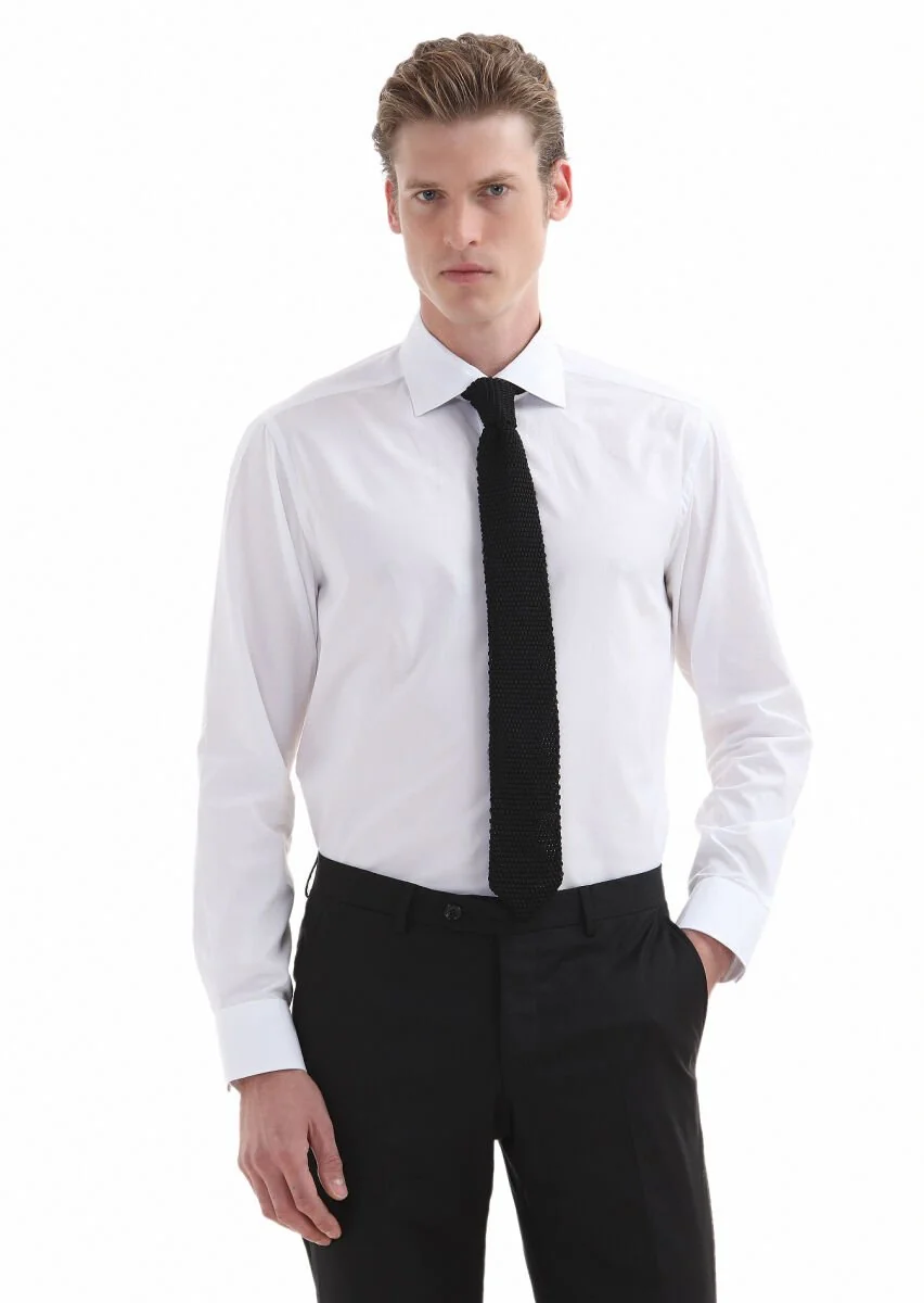 White Plain Regular Fit Weaving Classical Cotton Blended Shirt - 2