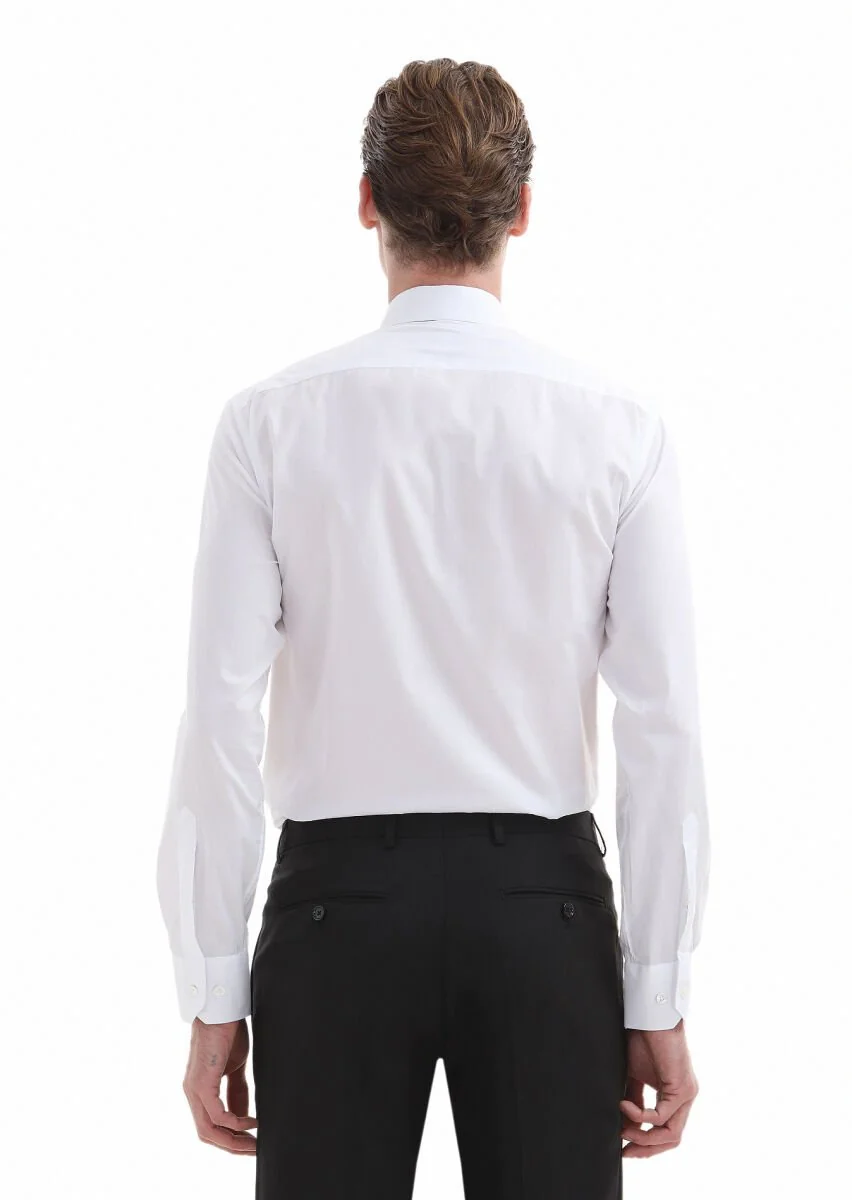 White Plain Regular Fit Weaving Classical Cotton Blended Shirt - 5