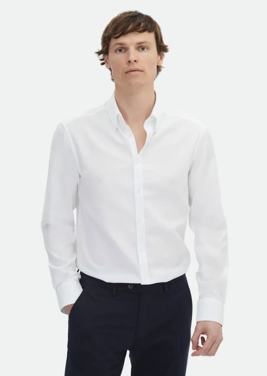 White Plain Regular Fit Weaving Classical Cotton Blended Shirt - 1