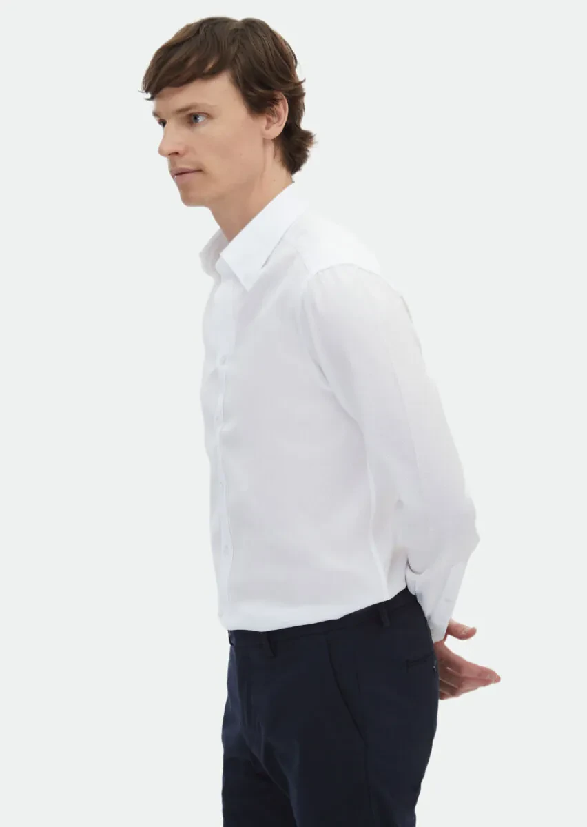 White Plain Regular Fit Weaving Classical Cotton Blended Shirt - 3