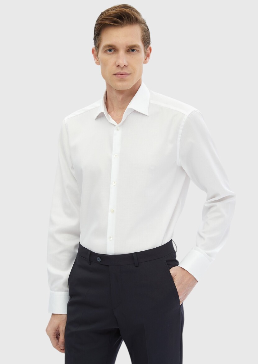 White Plain Regular Fit Weaving Classical Cotton Blended Shirt - 1