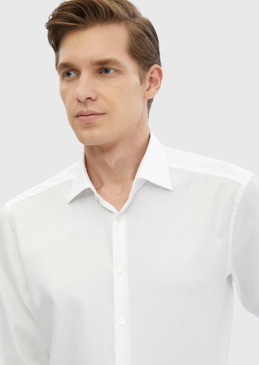 White Plain Regular Fit Weaving Classical Cotton Blended Shirt - 3