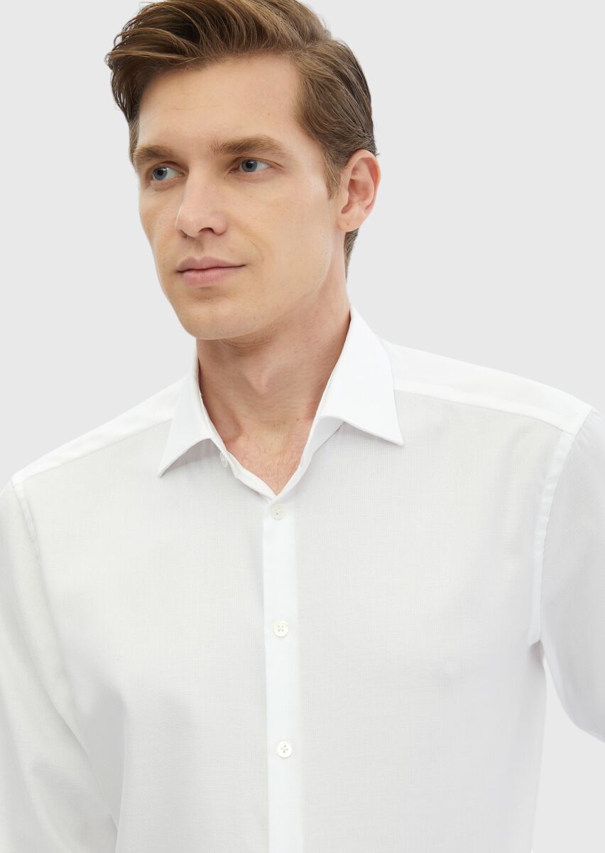 White Plain Regular Fit Weaving Classical Cotton Blended Shirt - 3