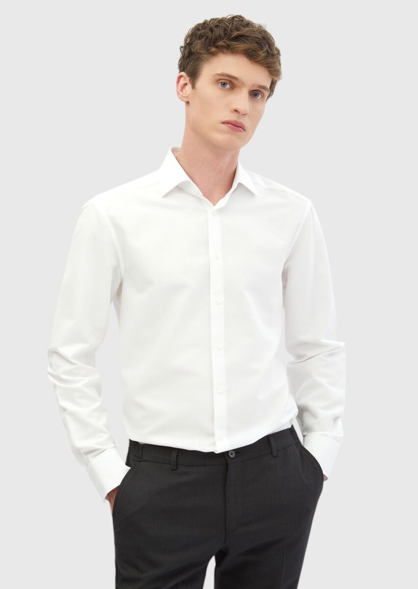 White Plain Regular Fit Weaving Classical Cotton Blended Shirt - 1